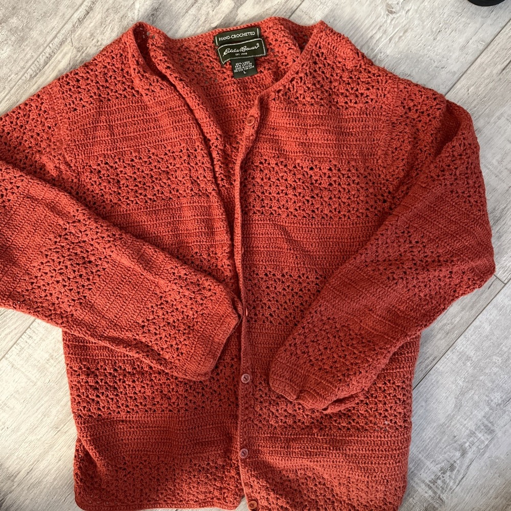 VTG Lands End Womens Cardigan Sweater Linen Blend Hand Crocheted Rust Color